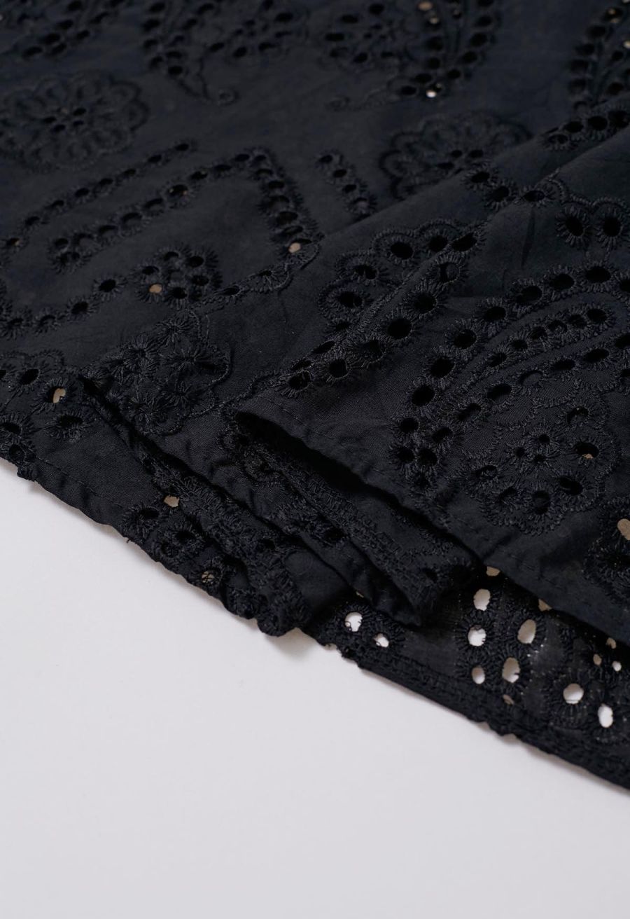 Paisley Eyelet Embroidery High-Waist Shirred Back Maxi Skirt in Black