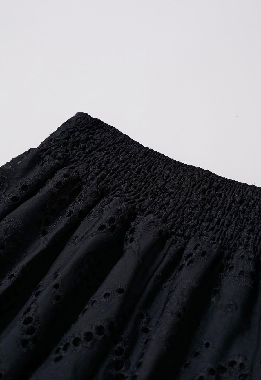 Paisley Eyelet Embroidery High-Waist Shirred Back Maxi Skirt in Black