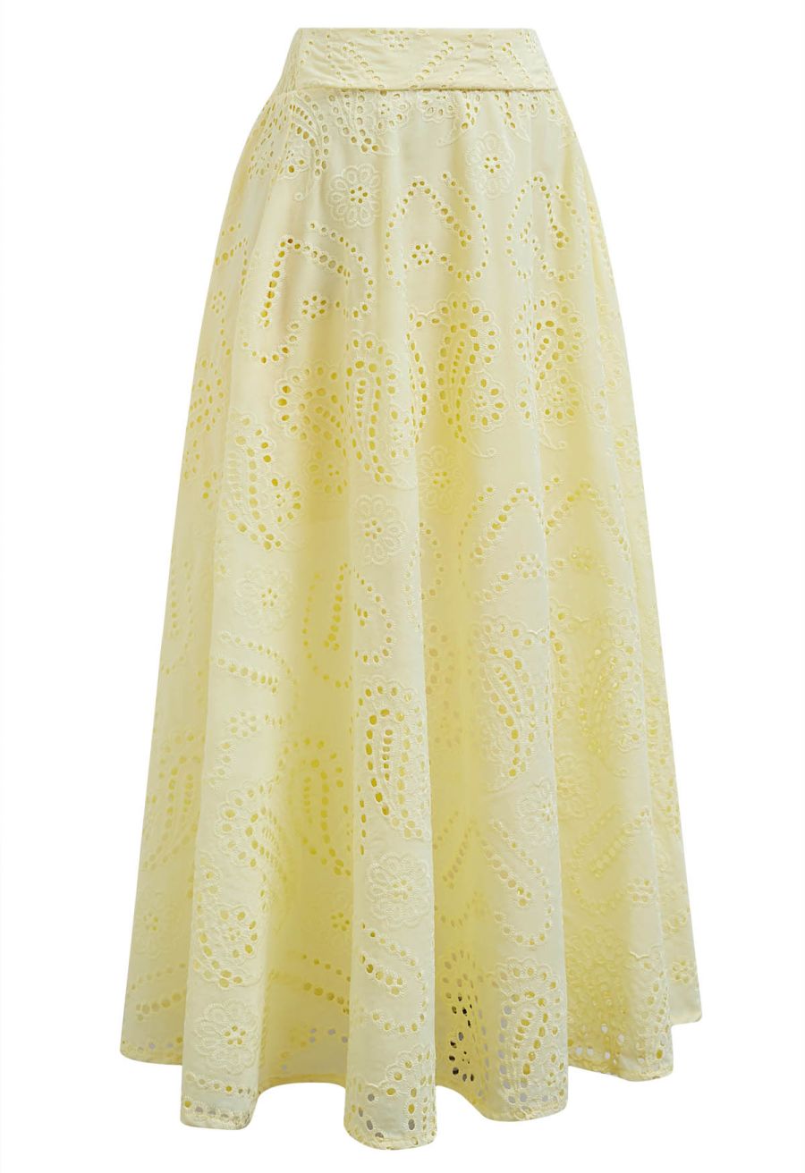 Paisley Eyelet Embroidery High-Waist Shirred Back Maxi Skirt in Yellow