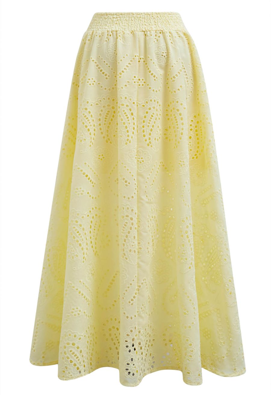 Paisley Eyelet Embroidery High-Waist Shirred Back Maxi Skirt in Yellow