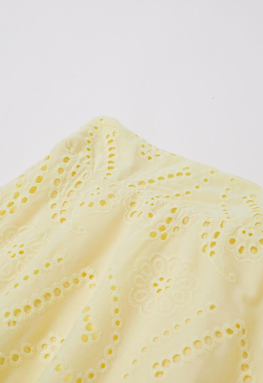 Paisley Eyelet Embroidery High-Waist Shirred Back Maxi Skirt in Yellow