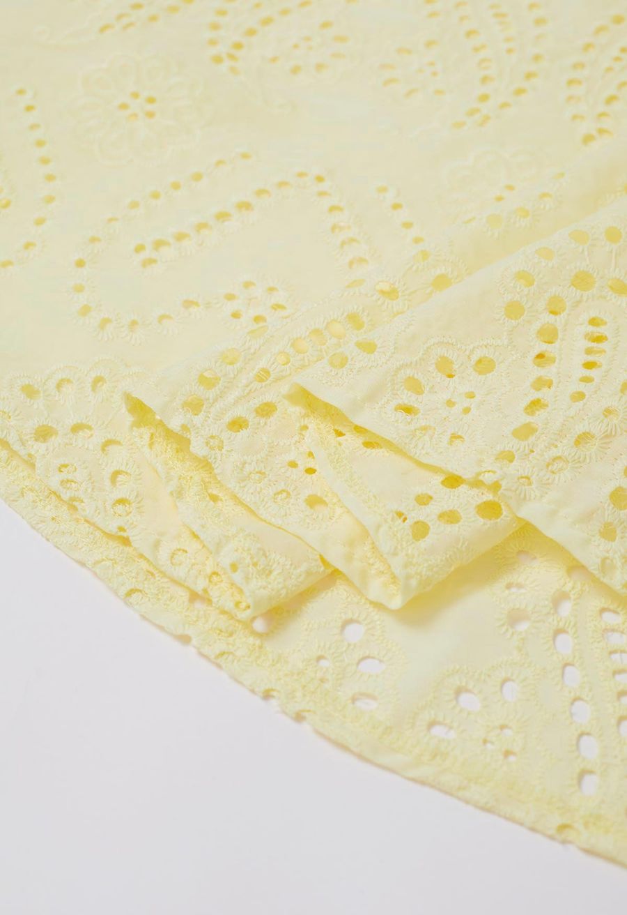 Paisley Eyelet Embroidery High-Waist Shirred Back Maxi Skirt in Yellow