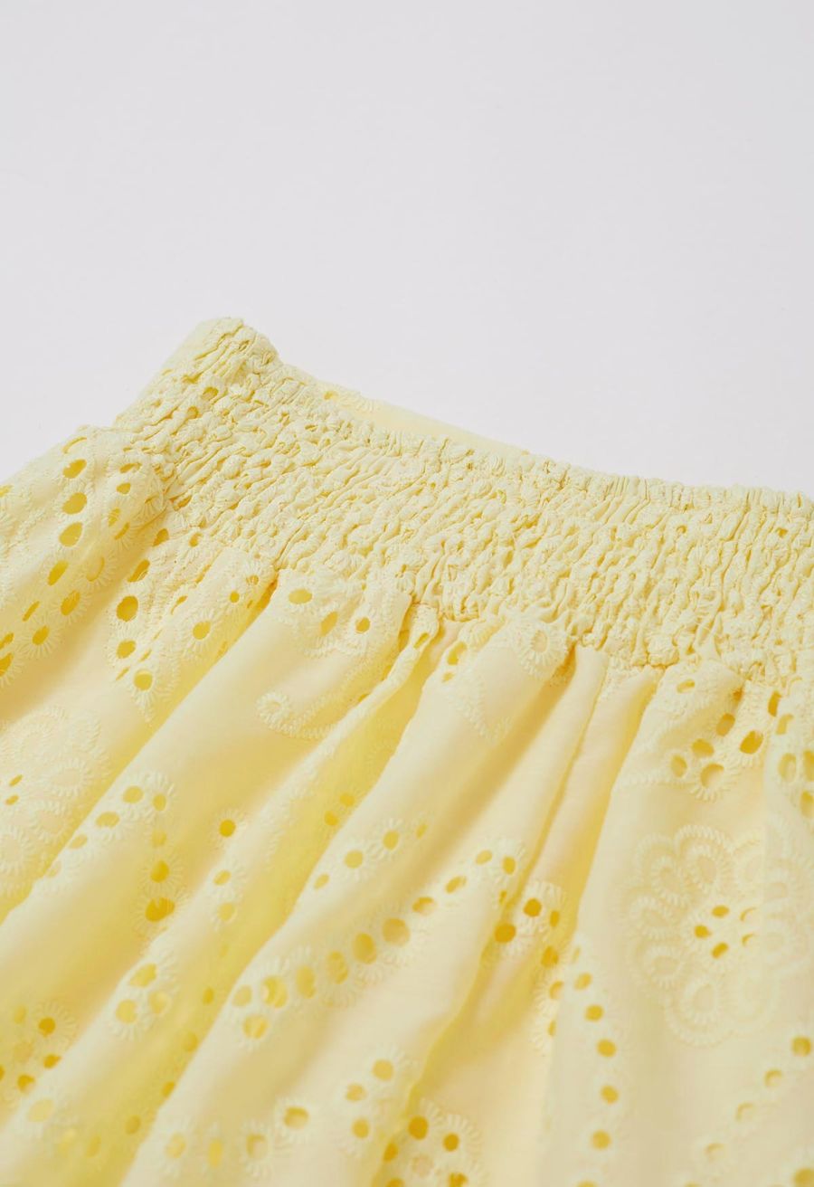 Paisley Eyelet Embroidery High-Waist Shirred Back Maxi Skirt in Yellow