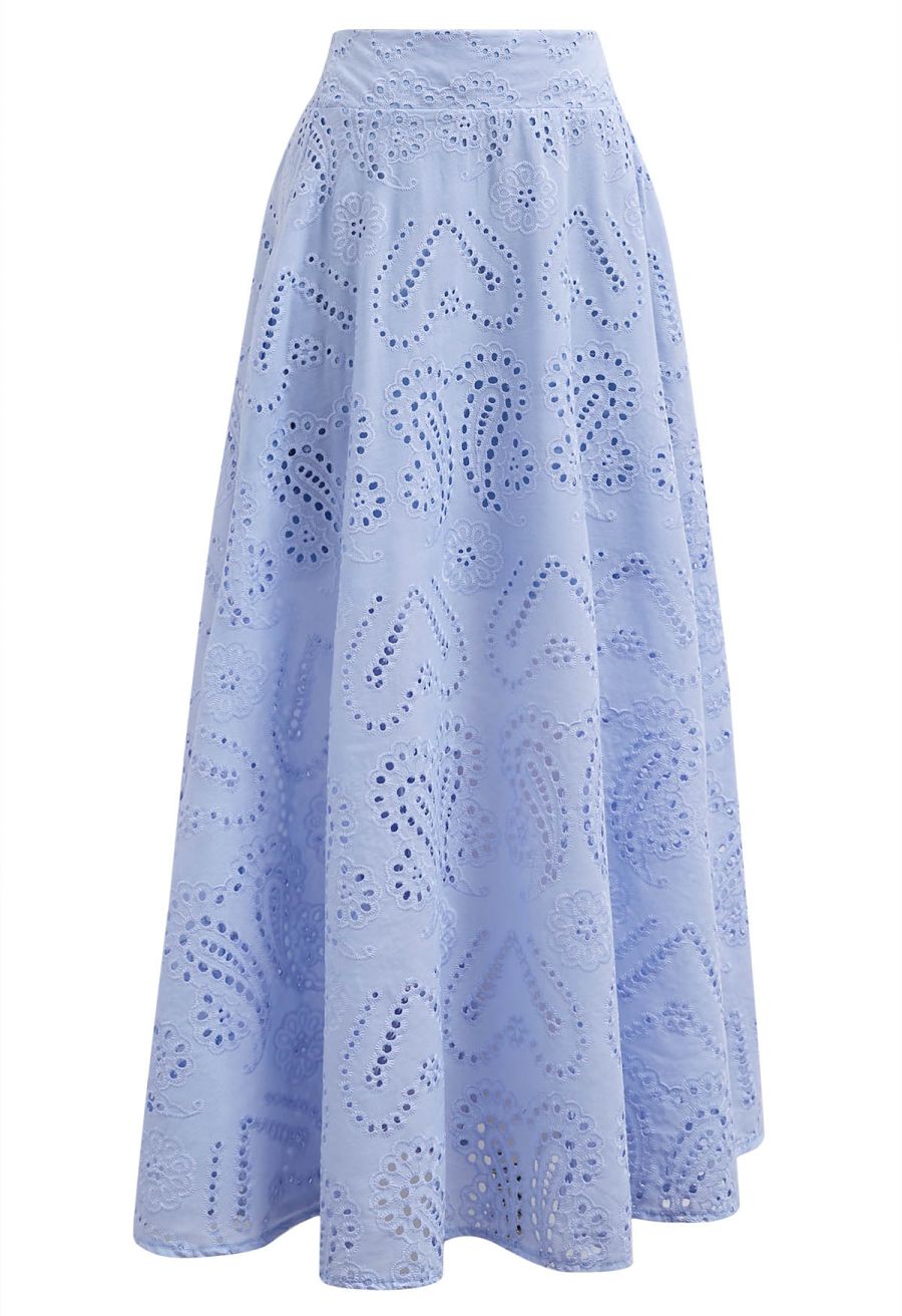 Paisley Eyelet Embroidery High-Waist Shirred Back Maxi Skirt in Lavender