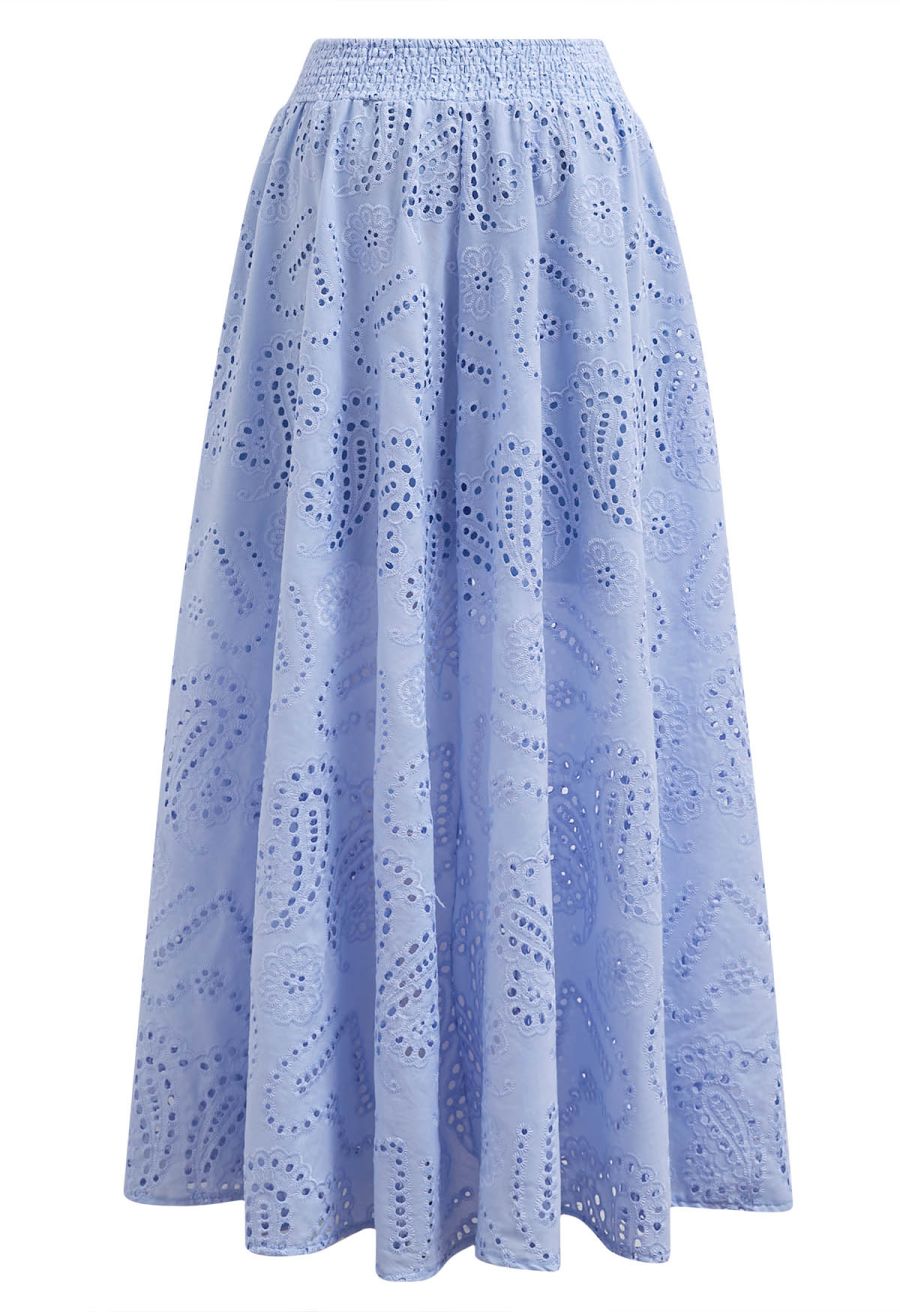 Paisley Eyelet Embroidery High-Waist Shirred Back Maxi Skirt in Lavender