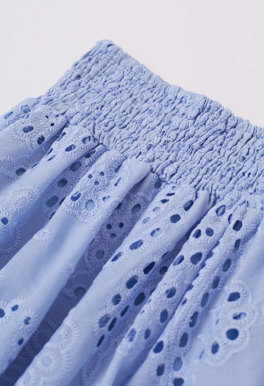 Paisley Eyelet Embroidery High-Waist Shirred Back Maxi Skirt in Lavender