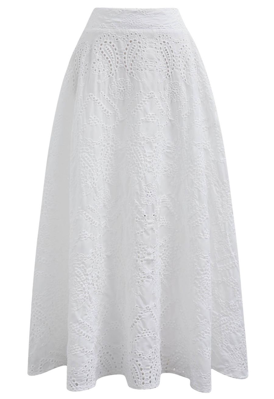 Paisley Eyelet Embroidery High-Waist Shirred Back Maxi Skirt in White