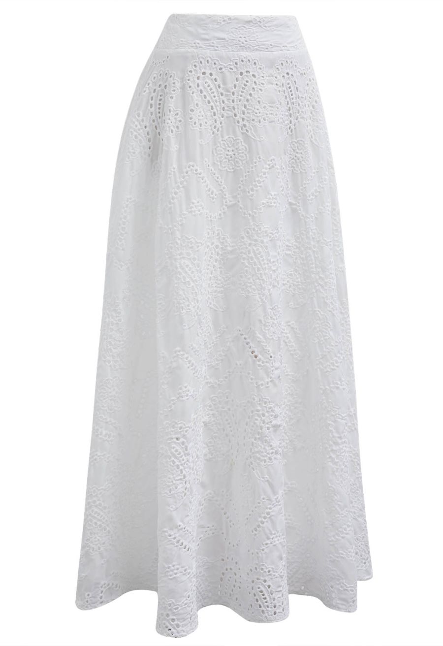 Paisley Eyelet Embroidery High-Waist Shirred Back Maxi Skirt in White