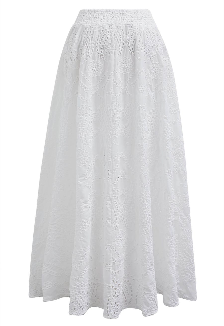 Paisley Eyelet Embroidery High-Waist Shirred Back Maxi Skirt in White