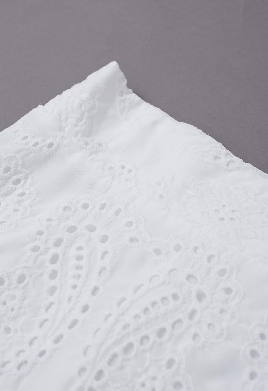 Paisley Eyelet Embroidery High-Waist Shirred Back Maxi Skirt in White