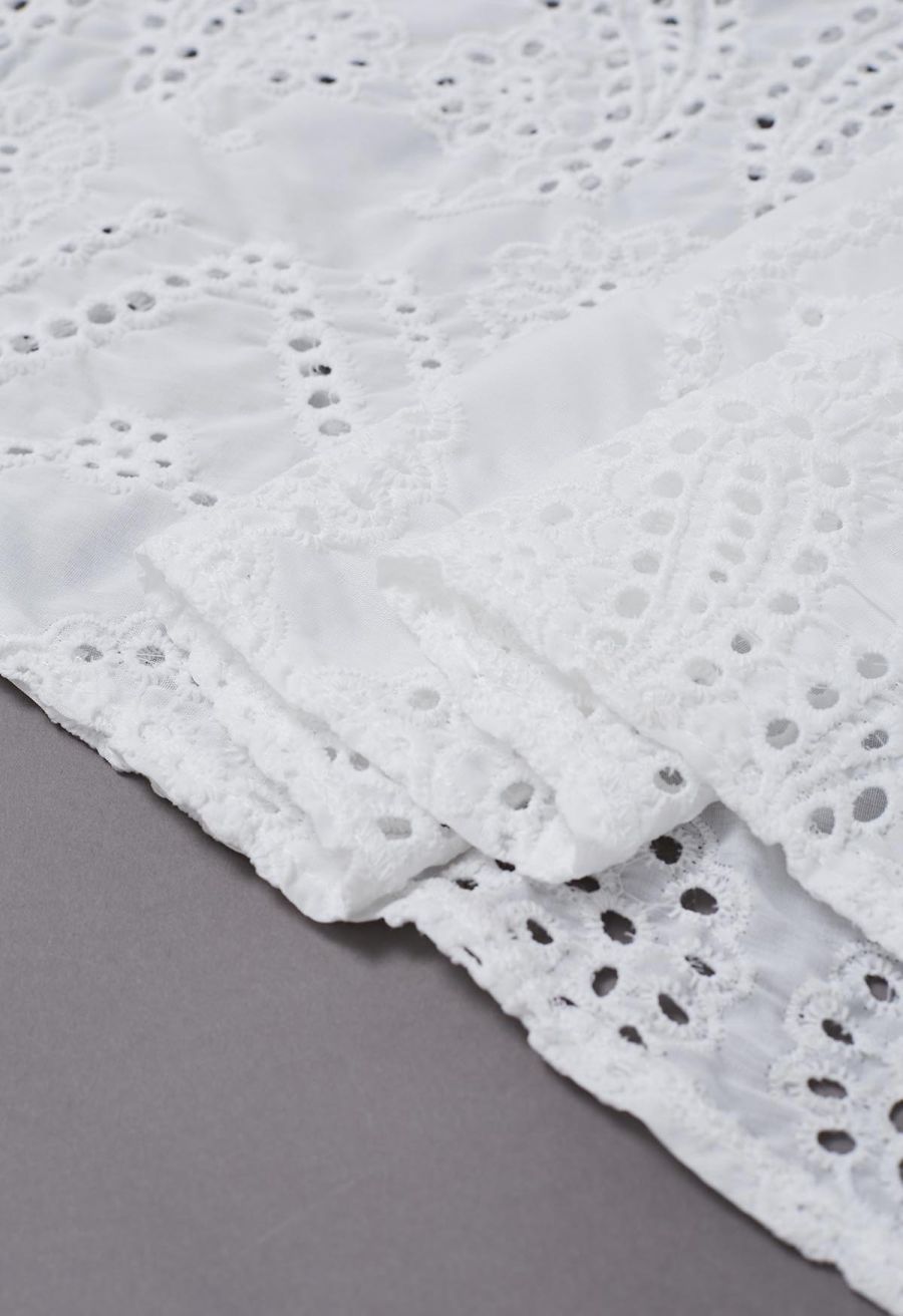 Paisley Eyelet Embroidery High-Waist Shirred Back Maxi Skirt in White