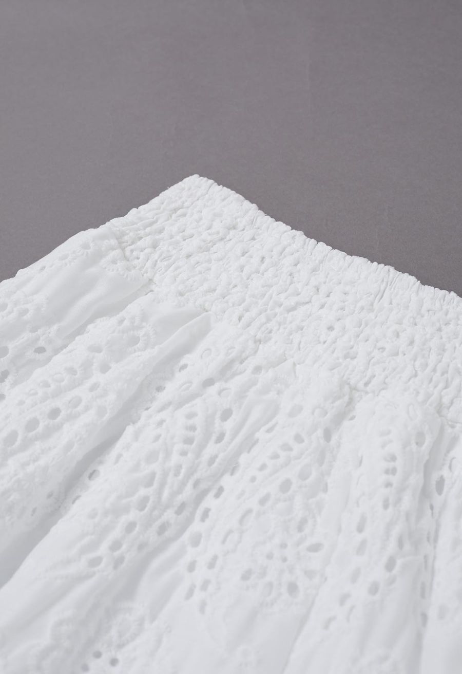 Paisley Eyelet Embroidery High-Waist Shirred Back Maxi Skirt in White