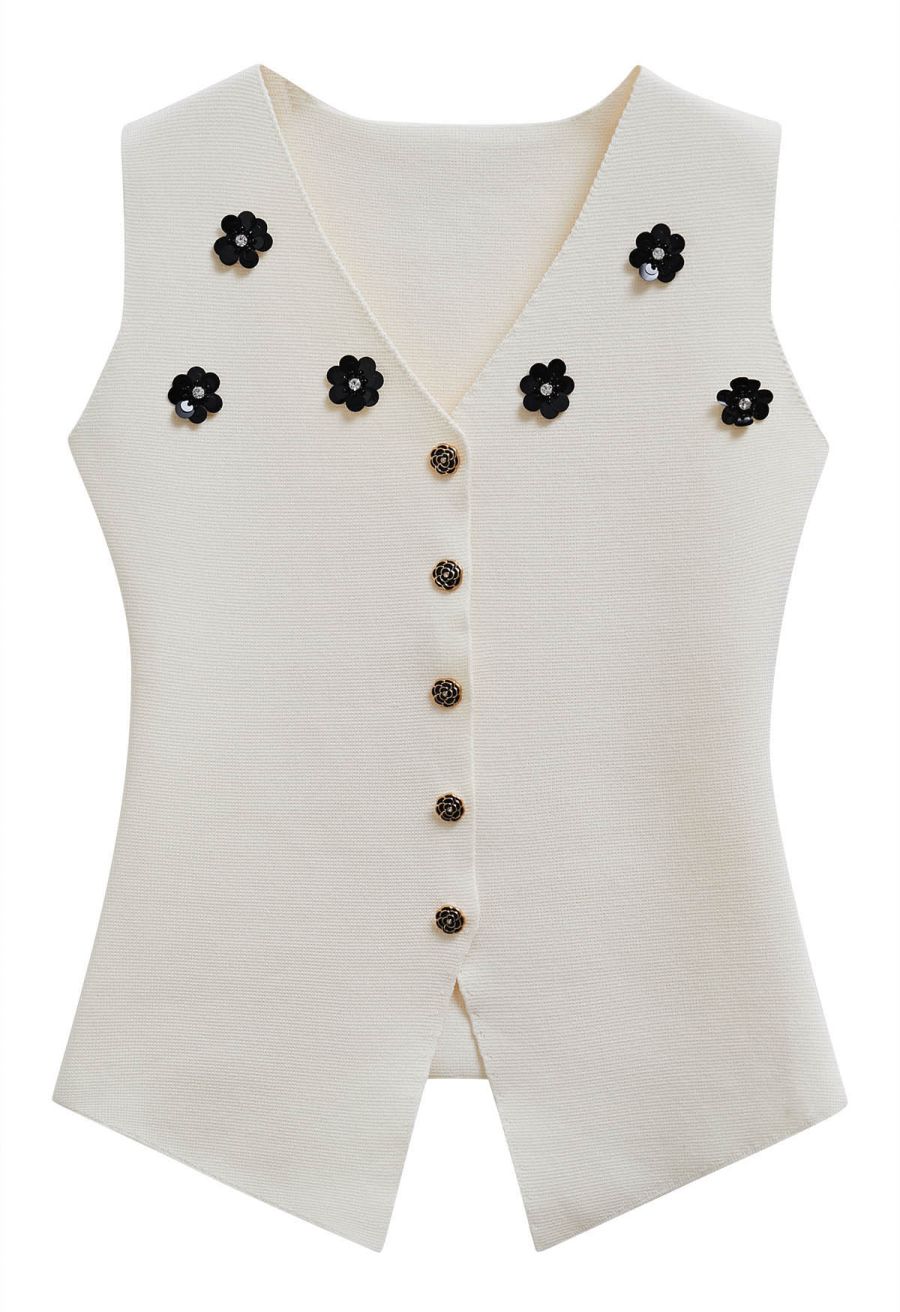 Sequined Floral V-Neck Buttoned Knit Vest in Cream