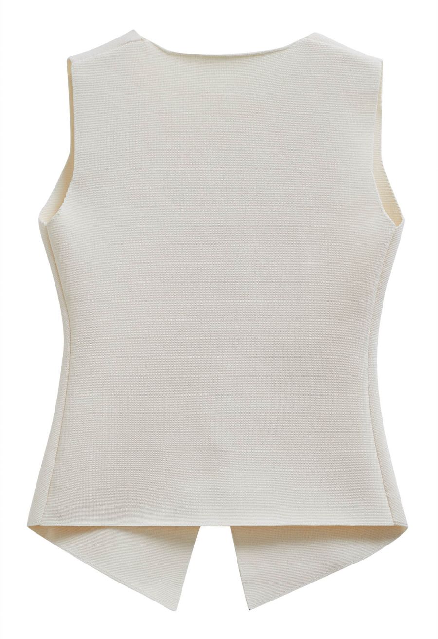 Sequined Floral V-Neck Buttoned Knit Vest in Cream