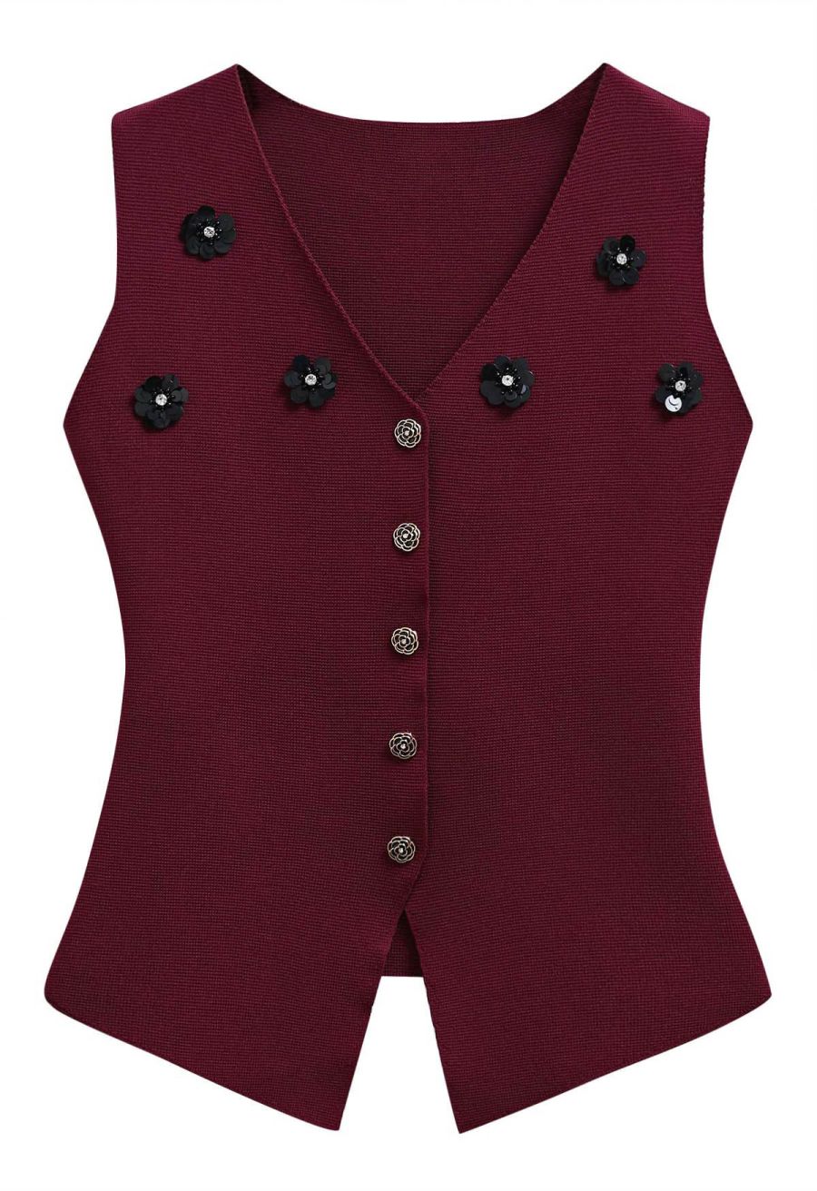 Sequined Floral V-Neck Buttoned Knit Vest in Burgundy