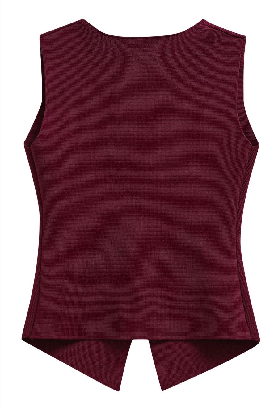 Sequined Floral V-Neck Buttoned Knit Vest in Burgundy