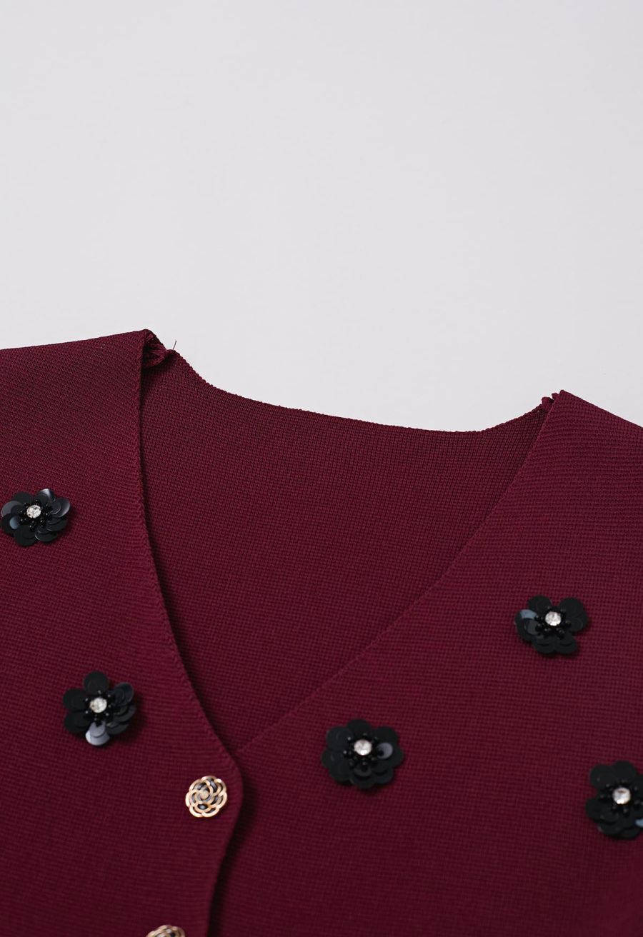Sequined Floral V-Neck Buttoned Knit Vest in Burgundy