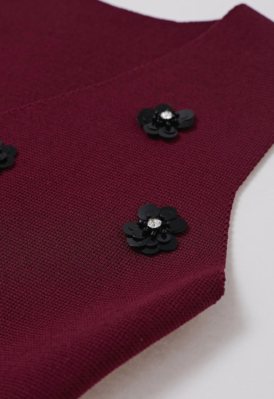 Sequined Floral V-Neck Buttoned Knit Vest in Burgundy