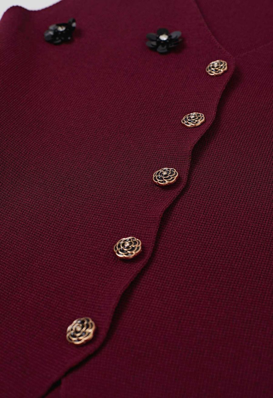 Sequined Floral V-Neck Buttoned Knit Vest in Burgundy