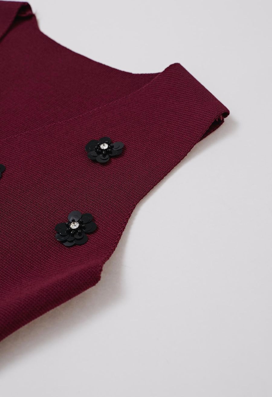 Sequined Floral V-Neck Buttoned Knit Vest in Burgundy