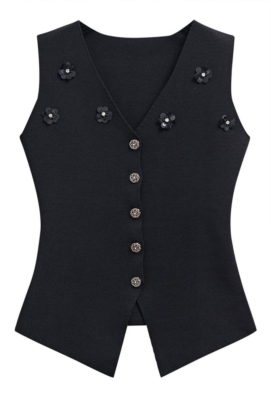 Sequined Floral V-Neck Buttoned Knit Vest in Black