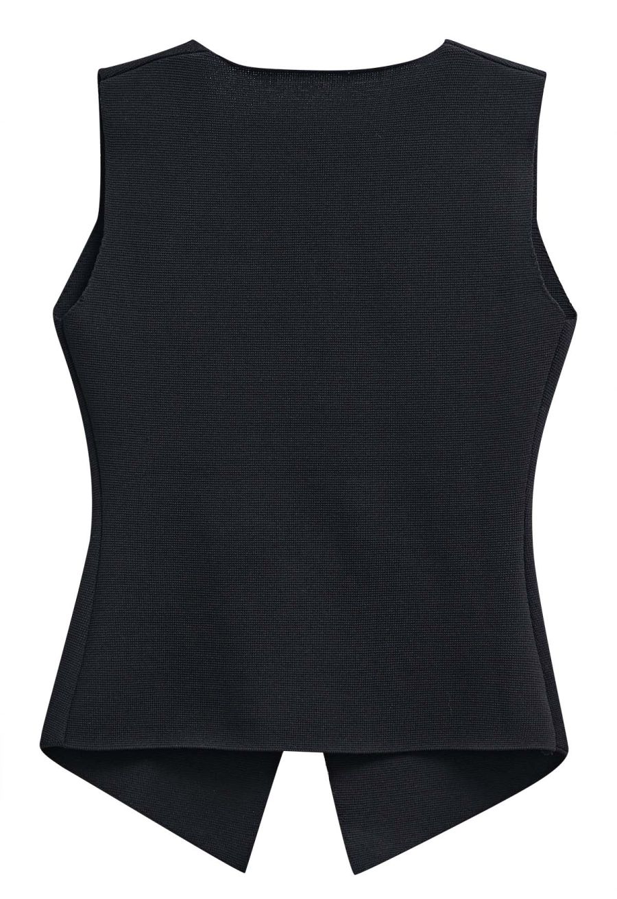 Sequined Floral V-Neck Buttoned Knit Vest in Black