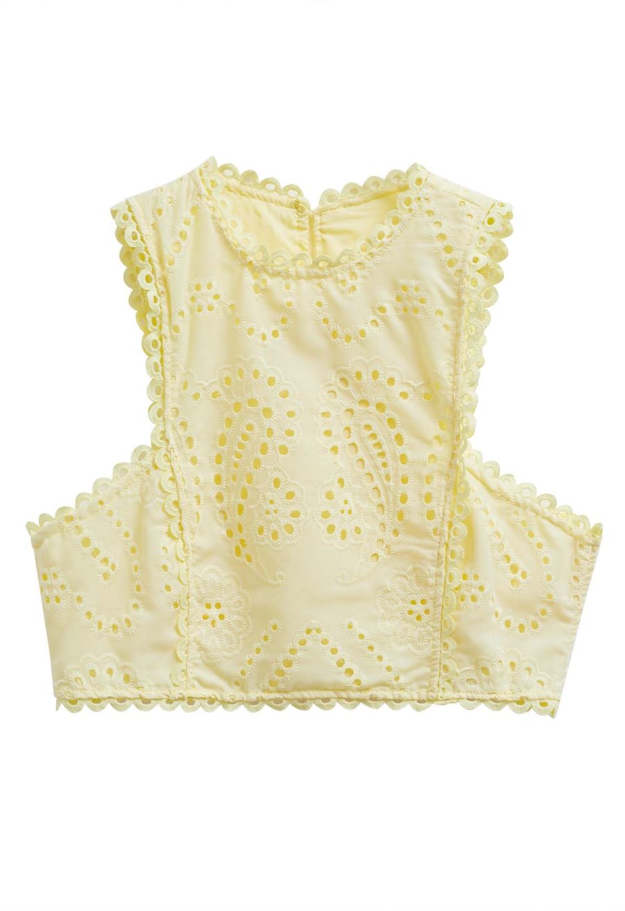 Paisley Eyelet Embroidery Sleeveless Crop Top in Yellow