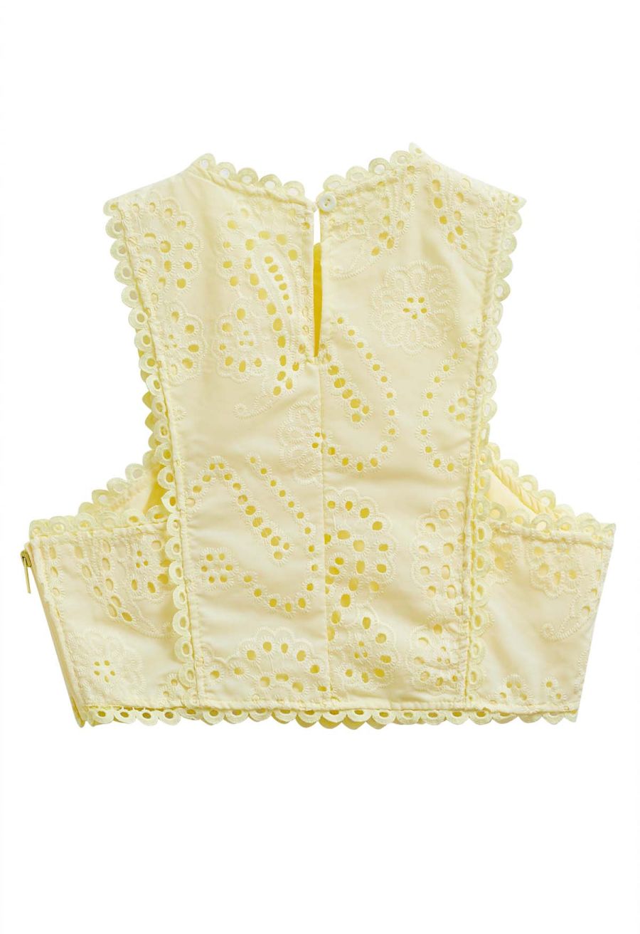 Paisley Eyelet Embroidery Sleeveless Crop Top in Yellow