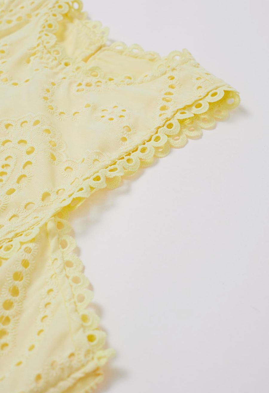Paisley Eyelet Embroidery Sleeveless Crop Top in Yellow