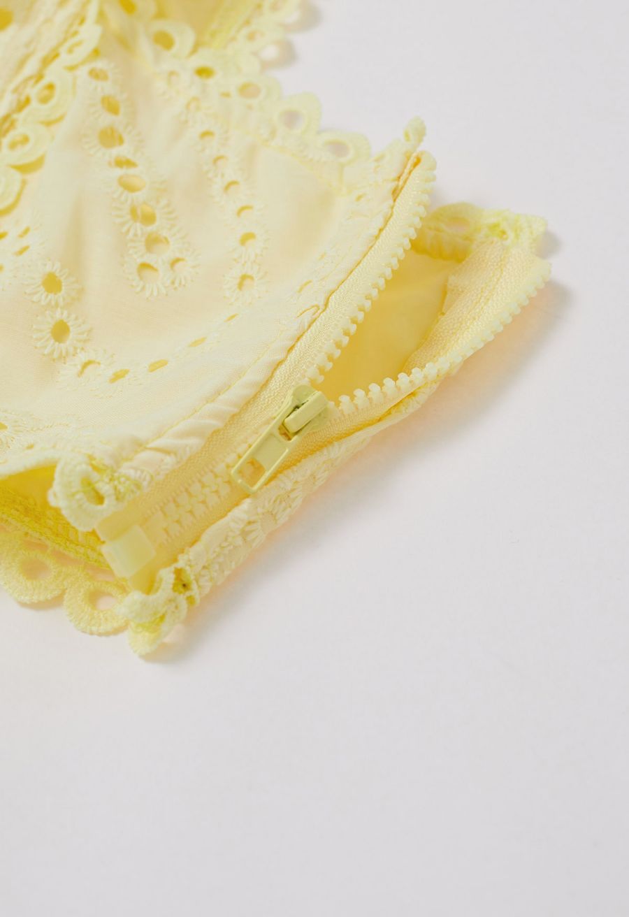 Paisley Eyelet Embroidery Sleeveless Crop Top in Yellow