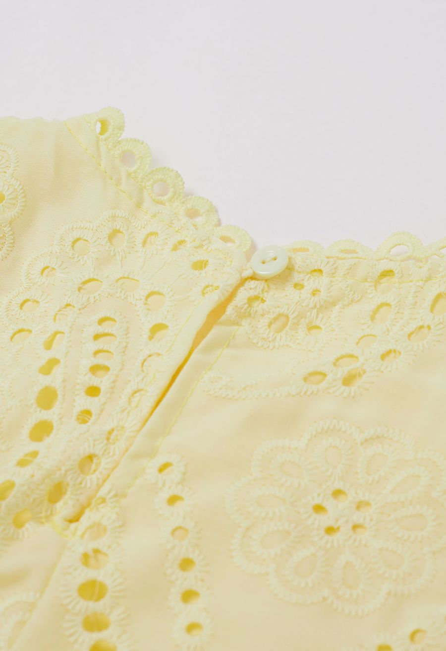 Paisley Eyelet Embroidery Sleeveless Crop Top in Yellow
