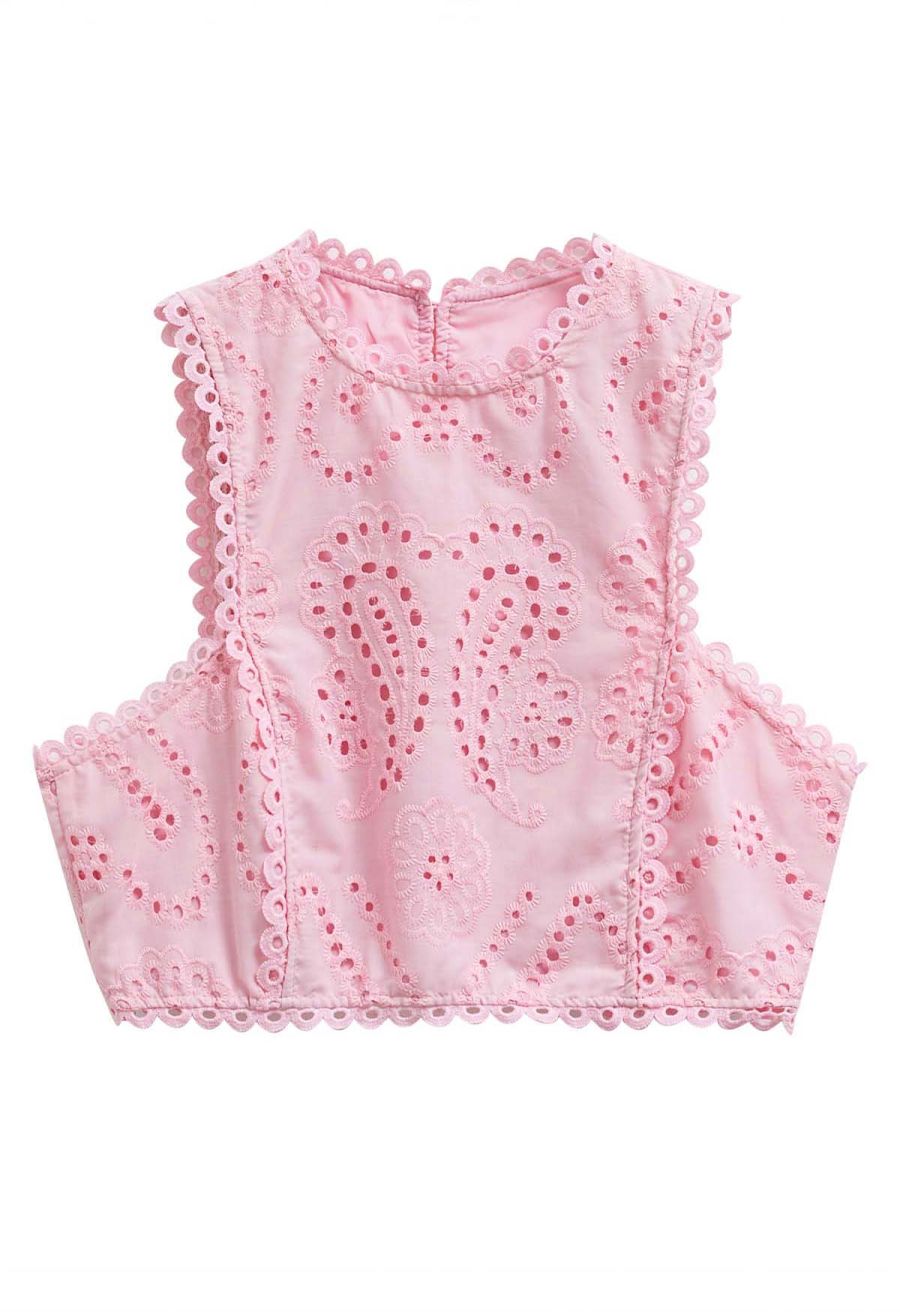 Paisley Eyelet Embroidery Sleeveless Crop Top in Pink