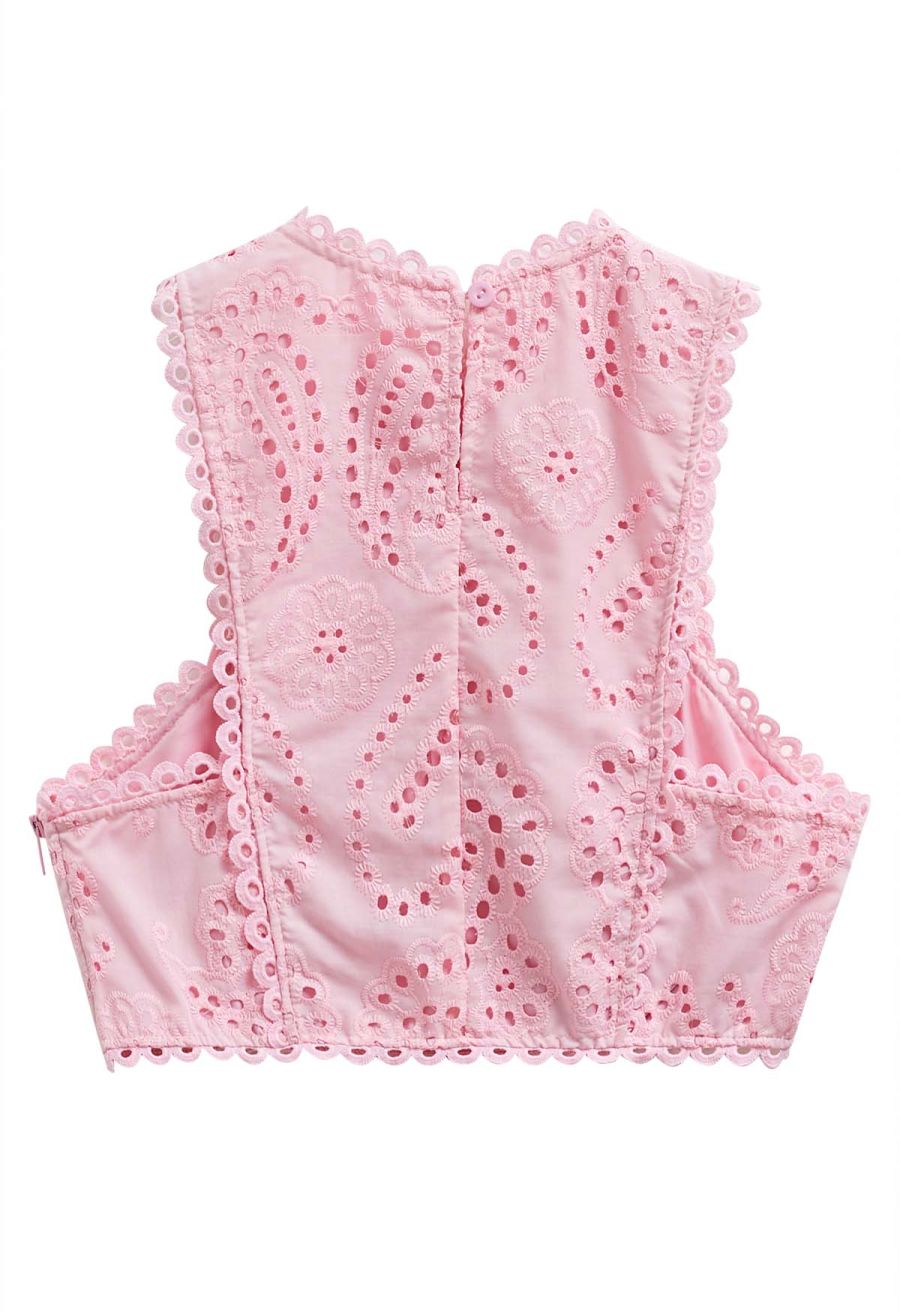 Paisley Eyelet Embroidery Sleeveless Crop Top in Pink