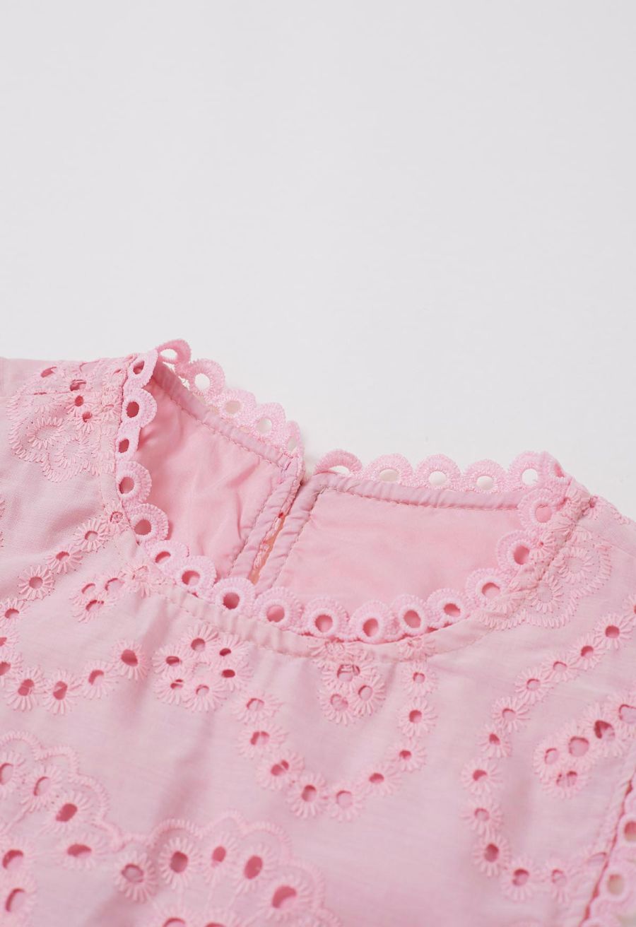Paisley Eyelet Embroidery Sleeveless Crop Top in Pink