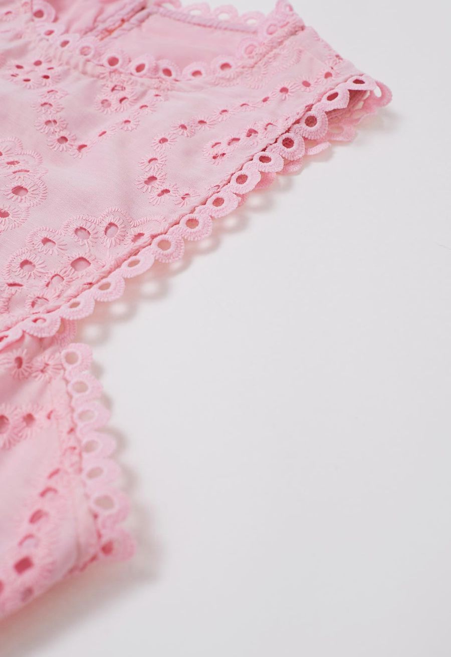 Paisley Eyelet Embroidery Sleeveless Crop Top in Pink