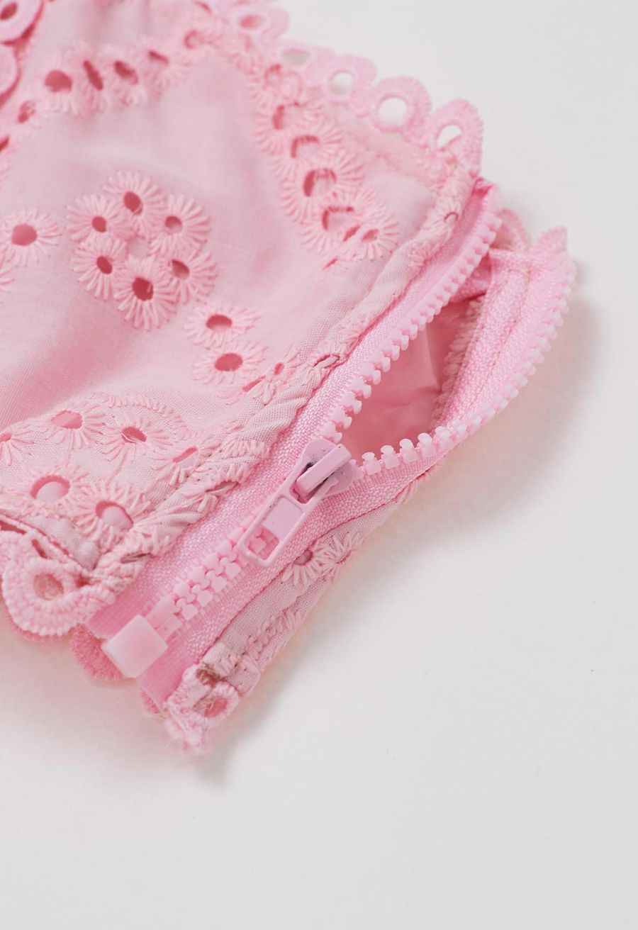 Paisley Eyelet Embroidery Sleeveless Crop Top in Pink