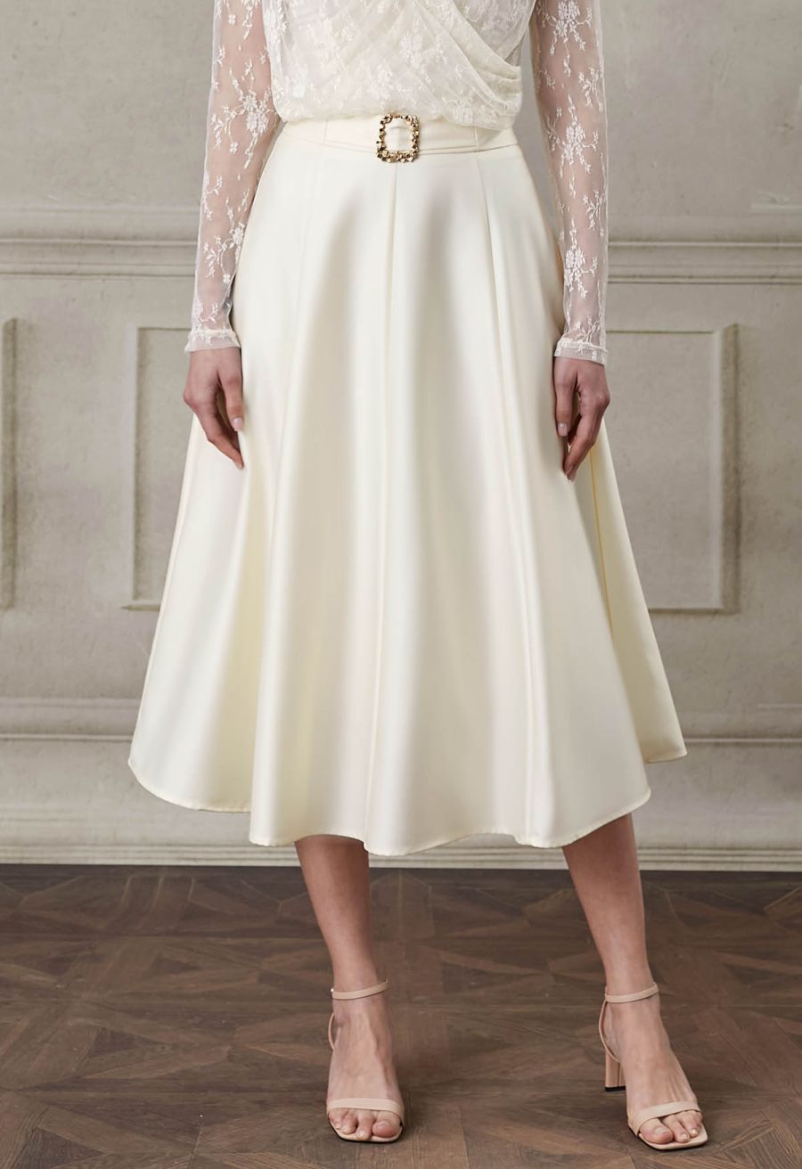 Square Buckle A-Line Satin Midi Skirt in Ivory