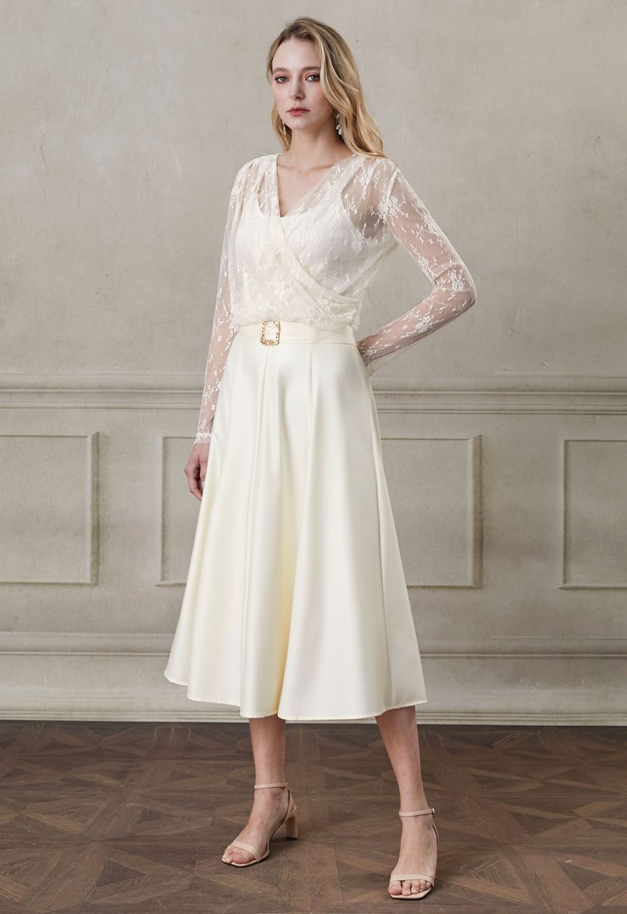 Square Buckle A-Line Satin Midi Skirt in Ivory