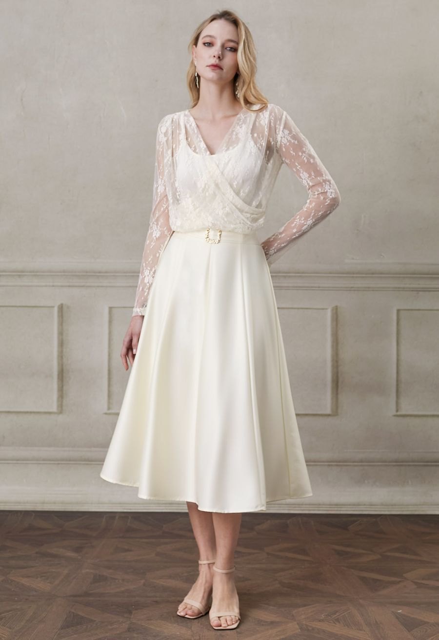Square Buckle A-Line Satin Midi Skirt in Ivory
