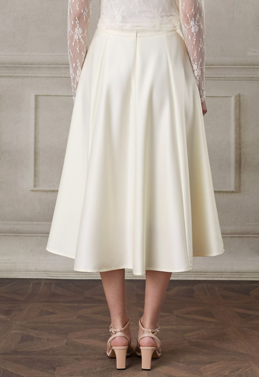 Square Buckle A-Line Satin Midi Skirt in Ivory