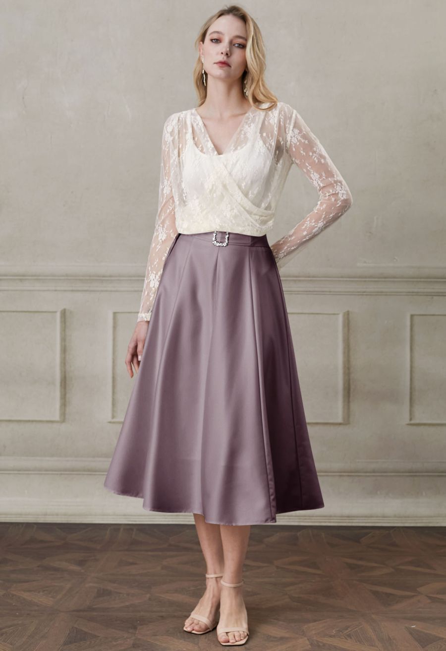 Square Buckle A-Line Satin Midi Skirt in Mauve