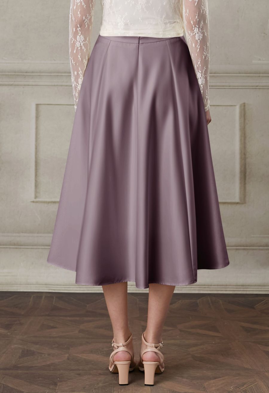Square Buckle A-Line Satin Midi Skirt in Mauve
