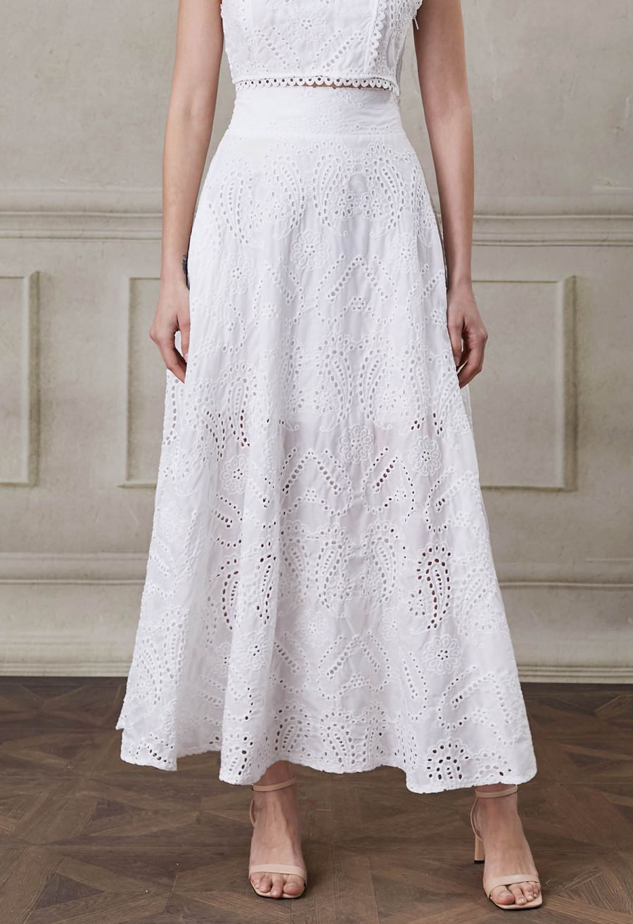 Paisley Eyelet Embroidery High-Waist Shirred Back Maxi Skirt in White