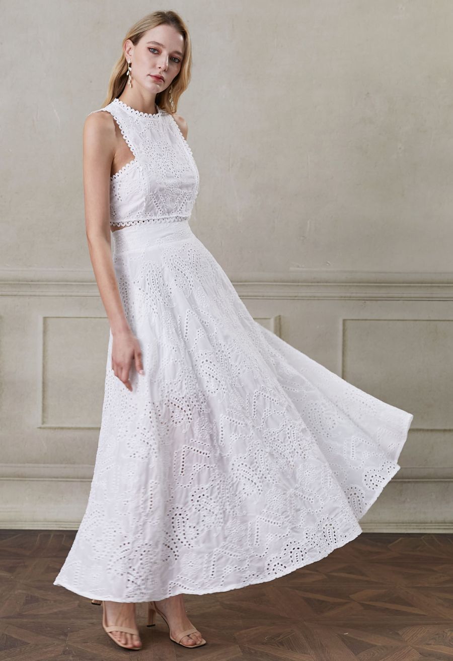 Paisley Eyelet Embroidery High-Waist Shirred Back Maxi Skirt in White