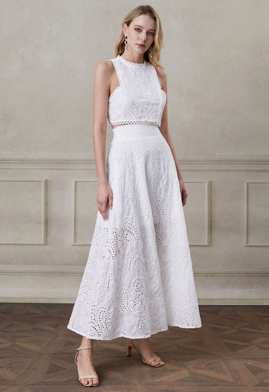 Paisley Eyelet Embroidery High-Waist Shirred Back Maxi Skirt in White