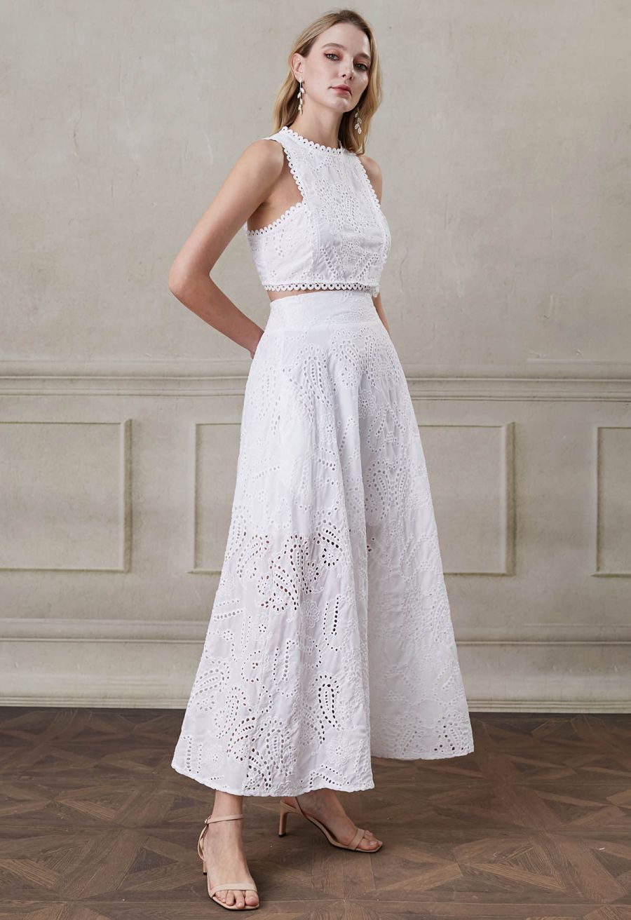 Paisley Eyelet Embroidery High-Waist Shirred Back Maxi Skirt in White
