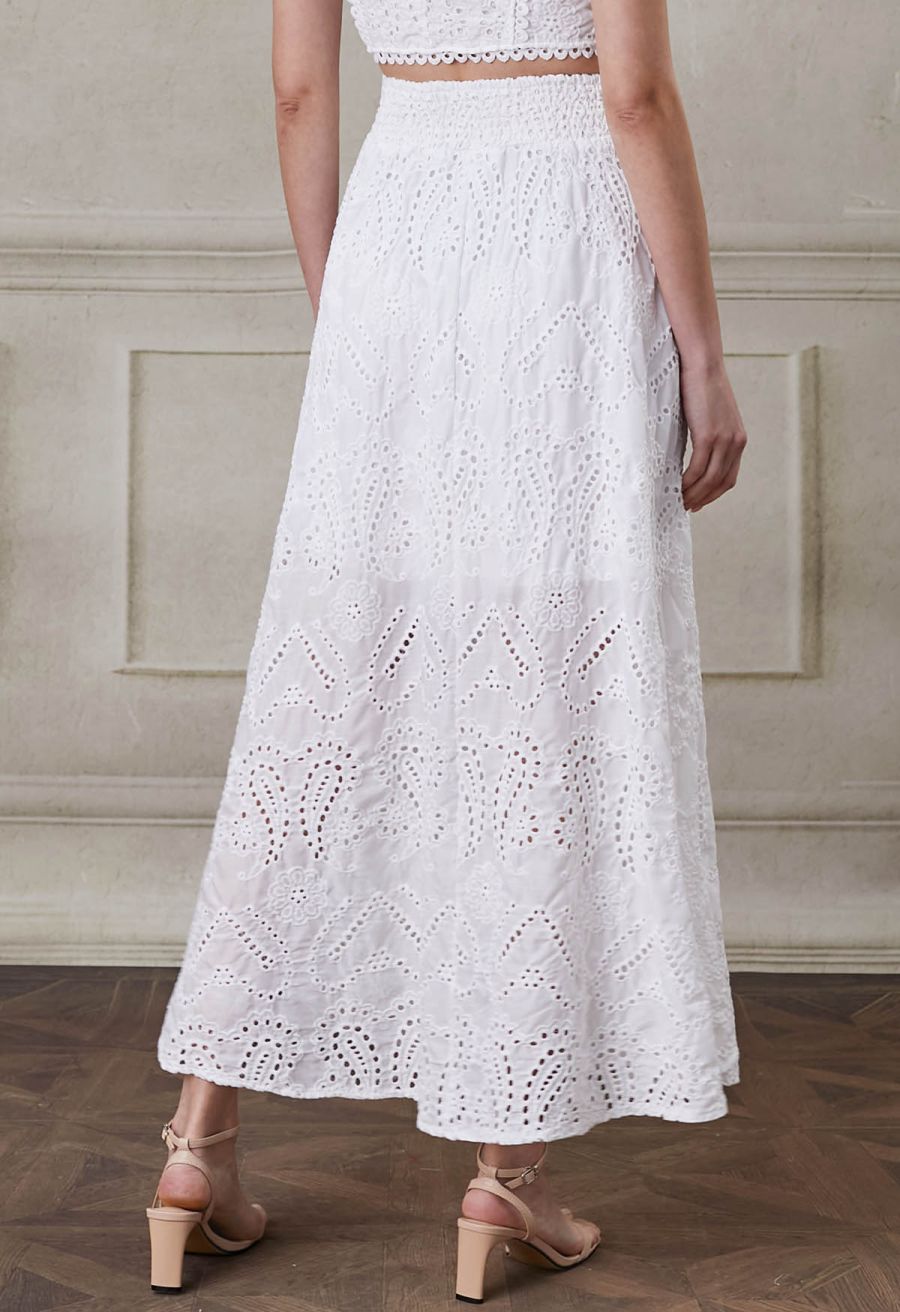 Paisley Eyelet Embroidery High-Waist Shirred Back Maxi Skirt in White