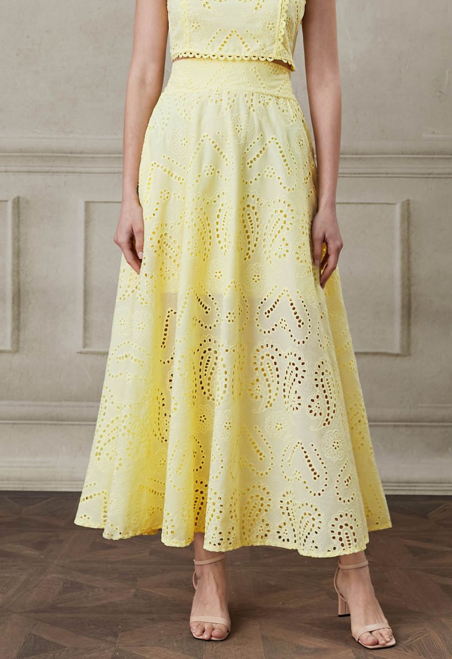 Paisley Eyelet Embroidery High-Waist Shirred Back Maxi Skirt in Yellow