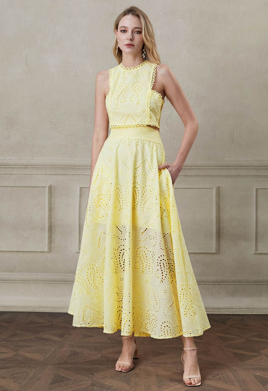 Paisley Eyelet Embroidery High-Waist Shirred Back Maxi Skirt in Yellow