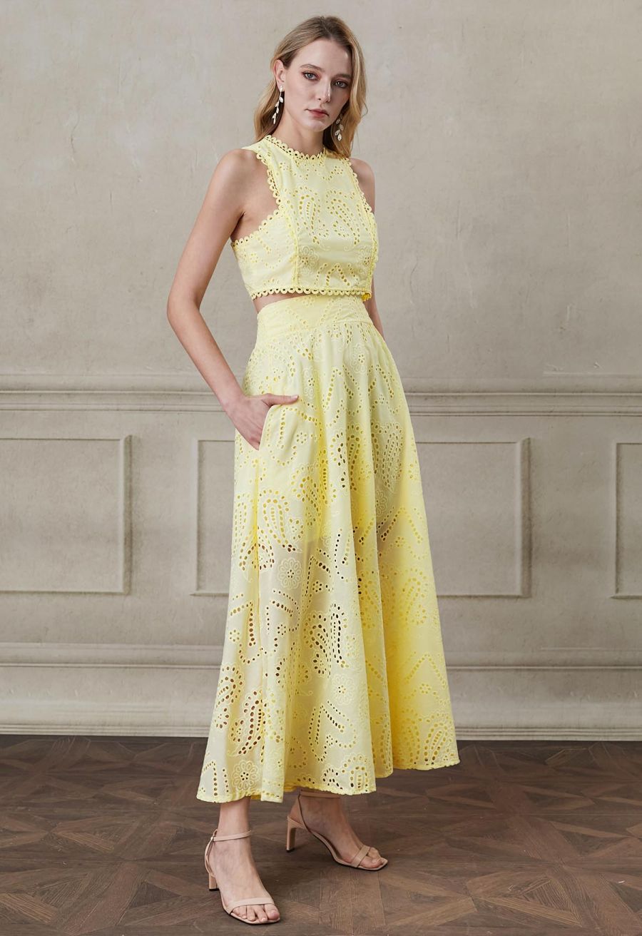 Paisley Eyelet Embroidery High-Waist Shirred Back Maxi Skirt in Yellow
